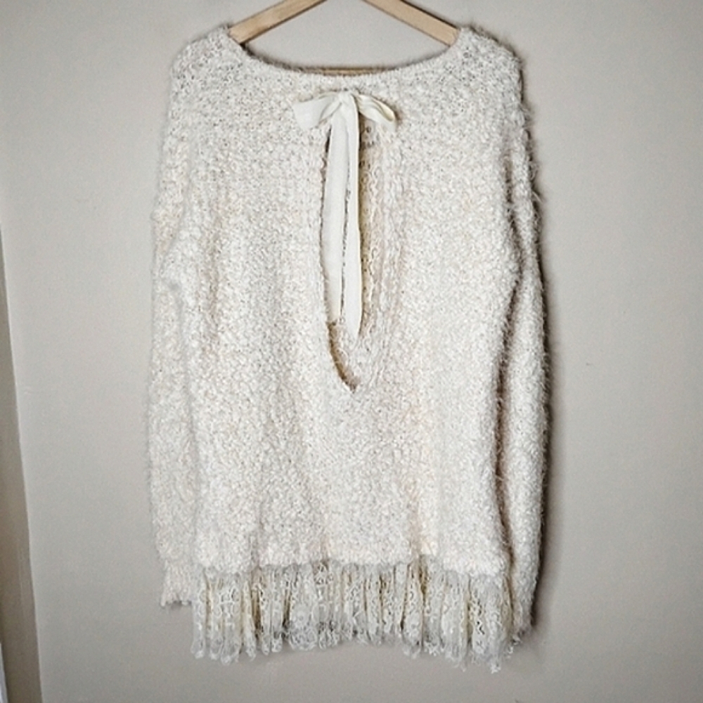 Areve Anthropologie Eyelash Knit Longline Sweater Back Bow Size XL NWT - Picture 3 of 12